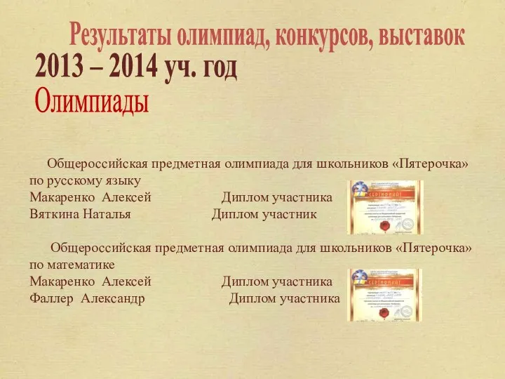 Результаты олимпиад, конкурсов, выставок 2013 – 2014 уч. год Олимпиады