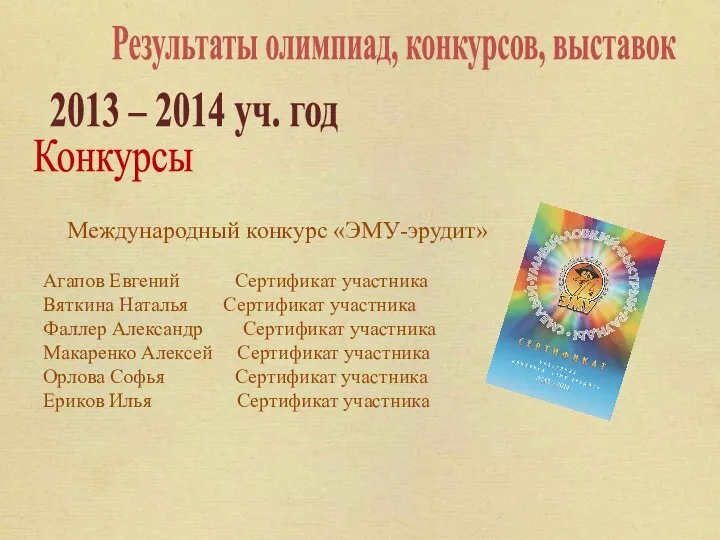 Результаты олимпиад, конкурсов, выставок 2013 – 2014 уч. год Конкурсы