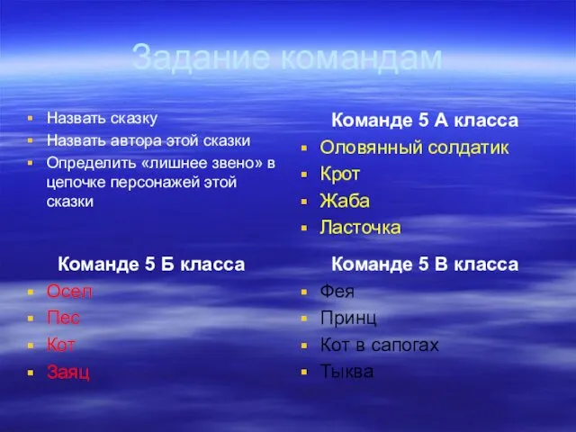 Задание командам Назвать сказку Назвать автора этой сказки Определить «лишнее