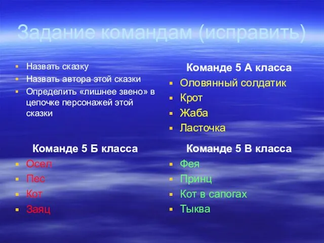 Задание командам (исправить) Назвать сказку Назвать автора этой сказки Определить