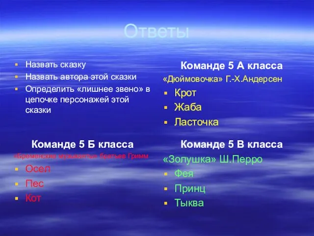 Ответы Назвать сказку Назвать автора этой сказки Определить «лишнее звено»