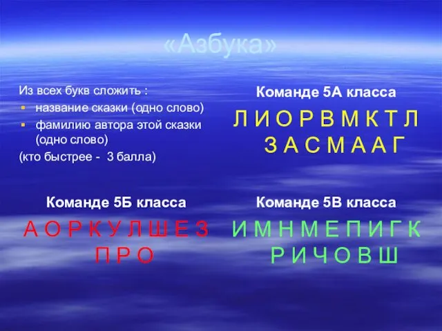 «Азбука» Из всех букв сложить : название сказки (одно слово)