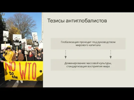 Глобализация проходит под руководством мирового капитала Доминирование массовой культуры, стандартизация восприятия мира Тезисы антиглобалистов