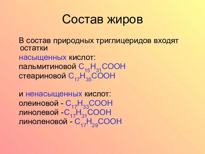 Состав жиров В состав природных триглицеридов входят остатки насыщенных кислот: