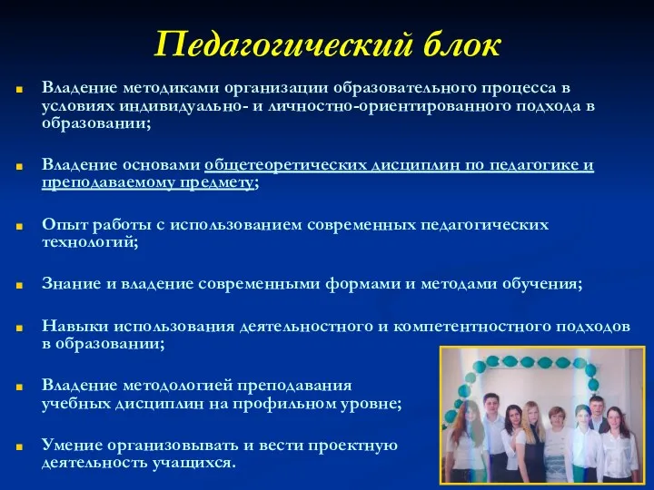 Педагогический блок Владение методиками организации образовательного процесса в условиях индивидуально-