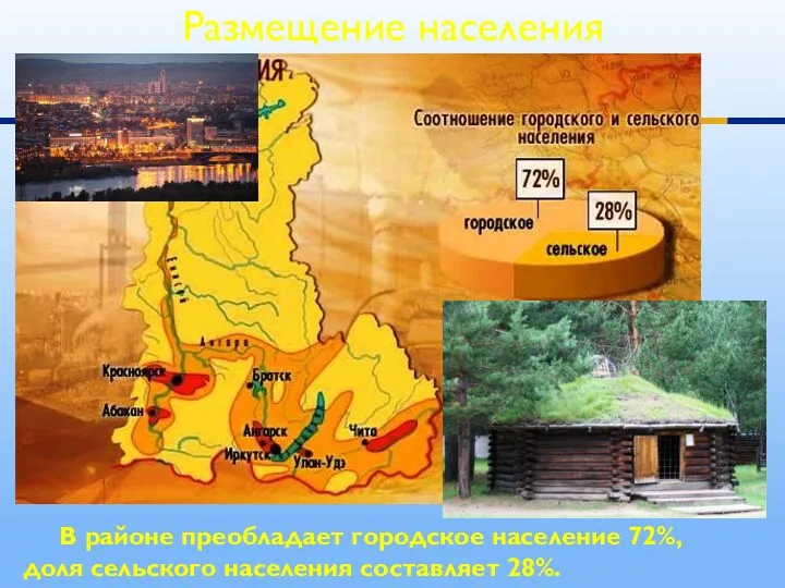 В районе преобладает городское население 72%, доля сельского населения составляет 28%. Размещение населения