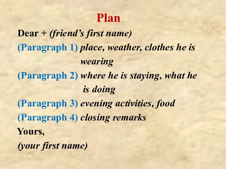 Plan Dear + (friend’s first name) (Paragraph 1) place, weather, clothes he is