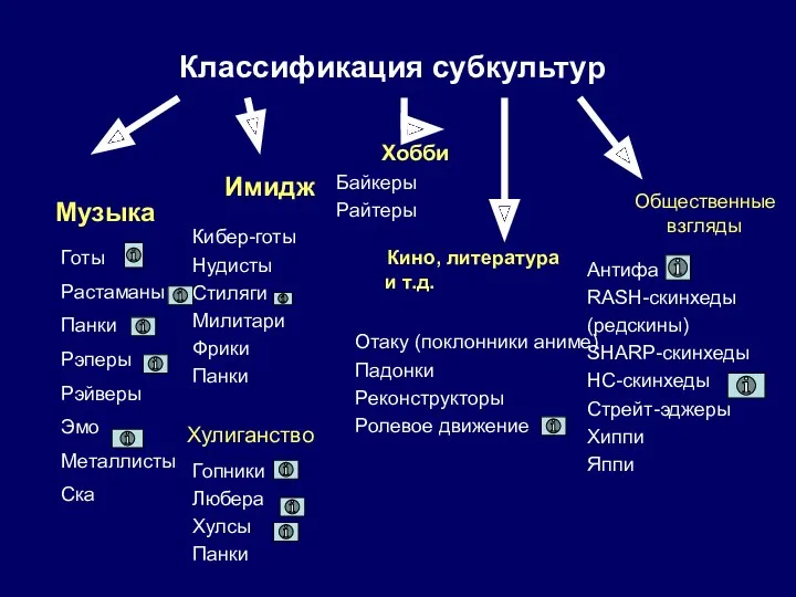 Классификация субкультур Музыка Имидж Хобби Общественные взгляды Кино, литература и т.д. Хулиганство Готы