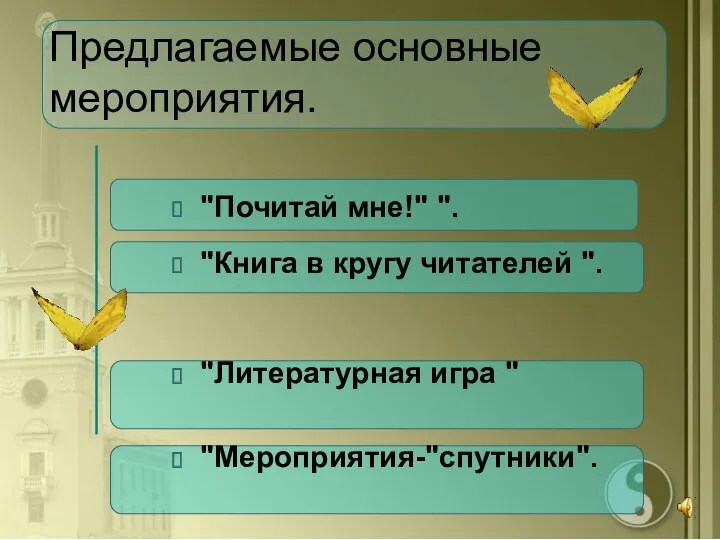 Предлагаемые основные мероприятия. "Почитай мне!" ". "Книга в кругу читателей ". "Литературная игра " "Мероприятия-"спутники".