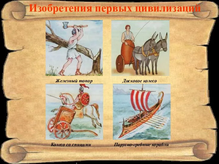 Изобретения первых цивилизаций Железный топор Дисковое колесо Колесо со спицами Парусно-гребные корабли