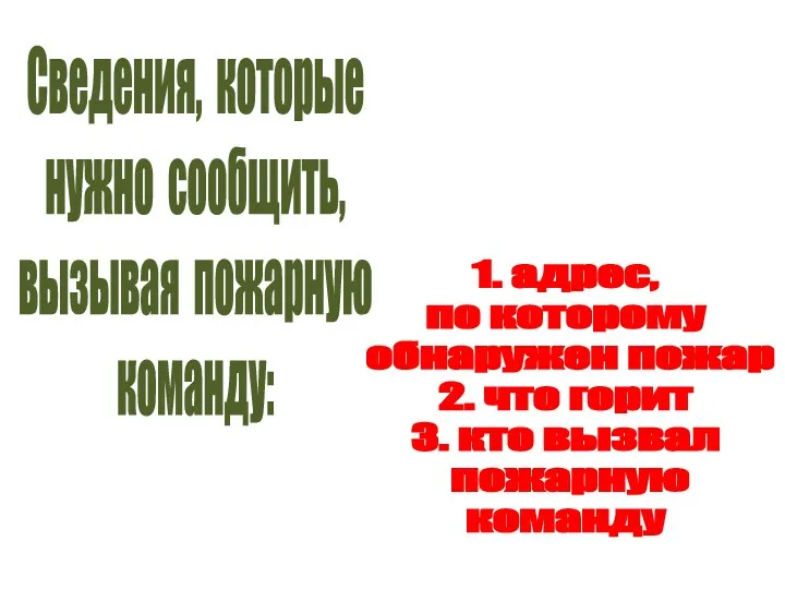 1. адрес, по которому обнаружен пожар 2. что горит 3. кто вызвал пожарную