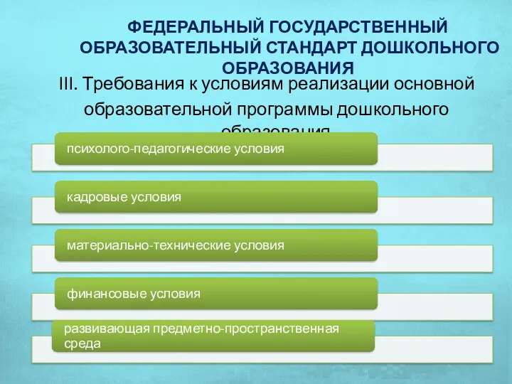 ФЕДЕРАЛЬНЫЙ ГОСУДАРСТВЕННЫЙ ОБРАЗОВАТЕЛЬНЫЙ СТАНДАРТ ДОШКОЛЬНОГО ОБРАЗОВАНИЯ III. Требования к условиям реализации основной образовательной программы дошкольного образования