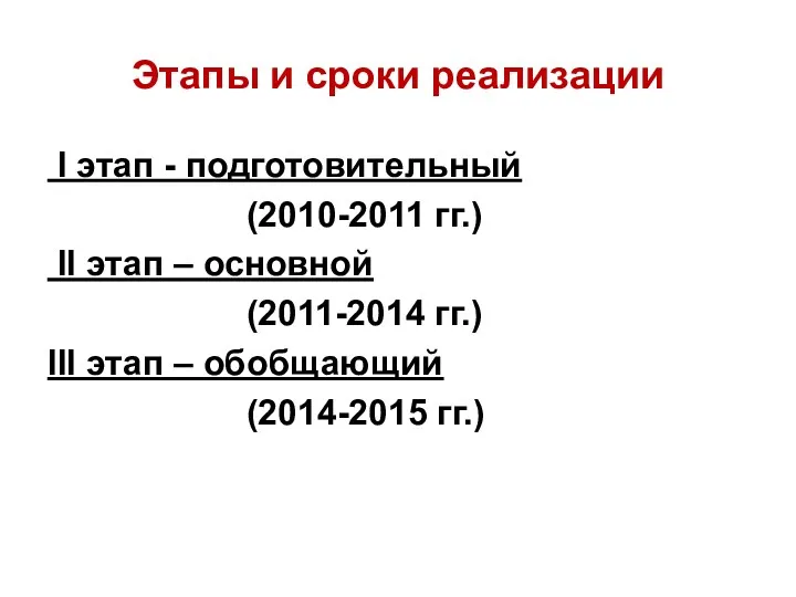 Этапы и сроки реализации I этап - подготовительный (2010-2011 гг.)