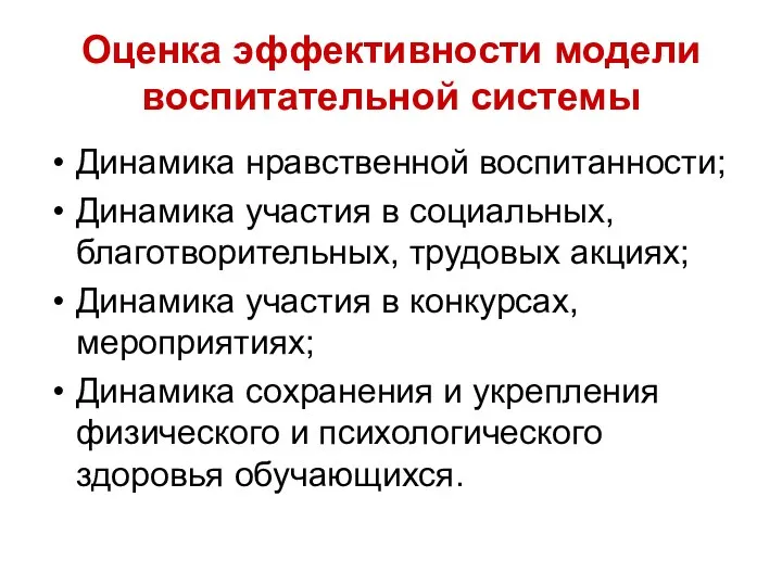 Оценка эффективности модели воспитательной системы Динамика нравственной воспитанности; Динамика участия