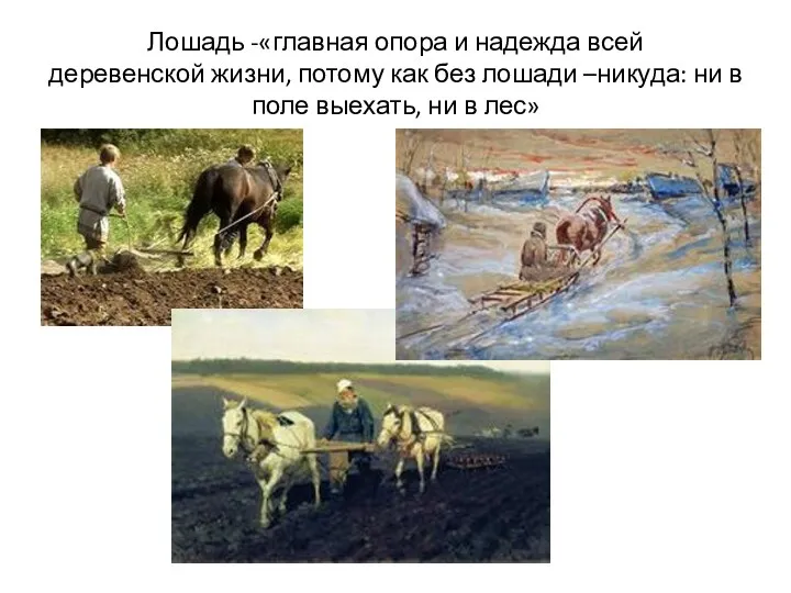 Лошадь -«главная опора и надежда всей деревенской жизни, потому как без лошади –никуда: