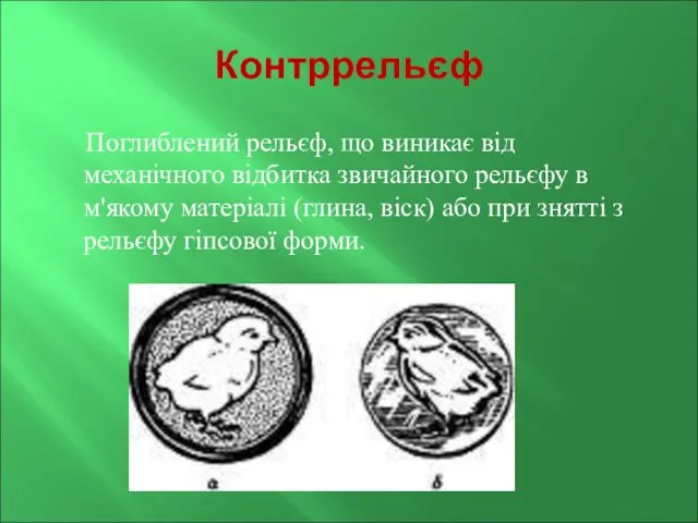 Контррельєф Поглиблений рельєф, що виникає від механічного відбитка звичайного рельєфу