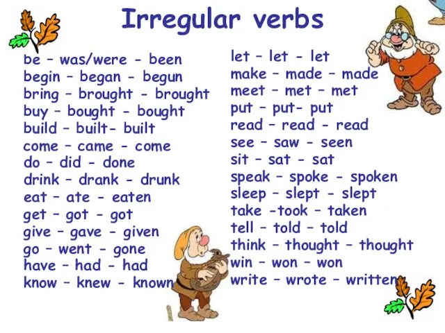 Irregular verbs be – was/were - been begin – began