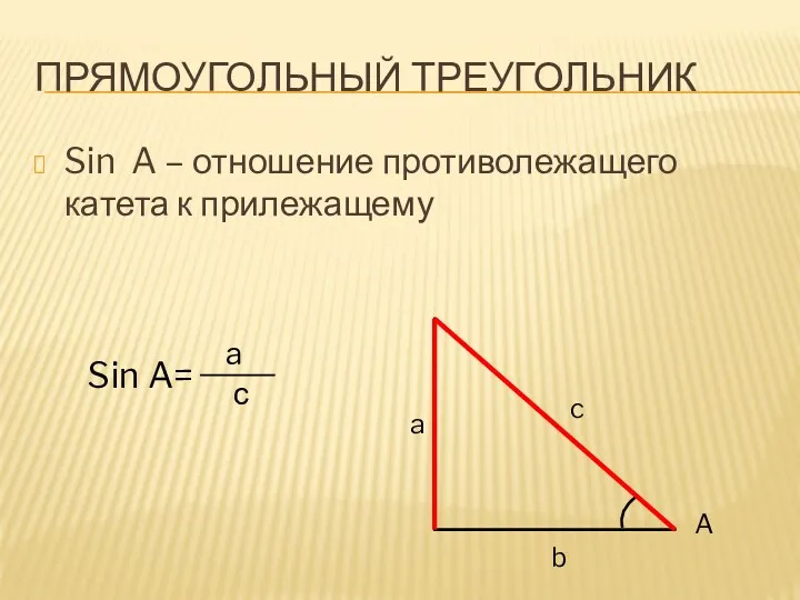 Прямоугольный треугольник Sin A – отношение противолежащего катета к прилежащему A Sin A= a с