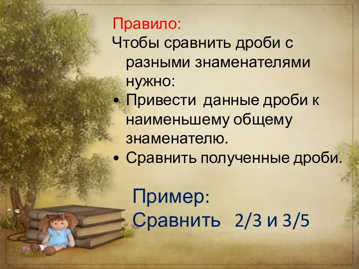 Правило: Чтобы сравнить дроби с разными знаменателями нужно: Привести данные