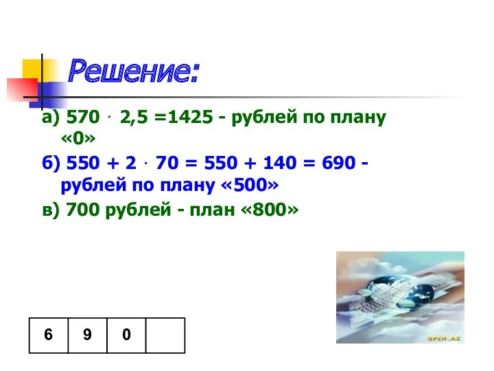 Решение: а) 570 ⋅ 2,5 =1425 - рублей по плану «0» б) 550