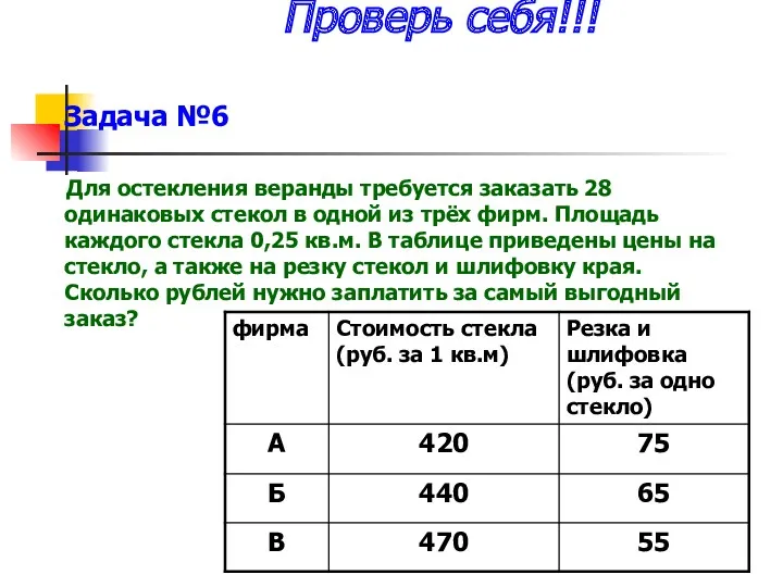 Проверь себя!!! Задача №6 Для остекления веранды требуется заказать 28 одинаковых стекол в