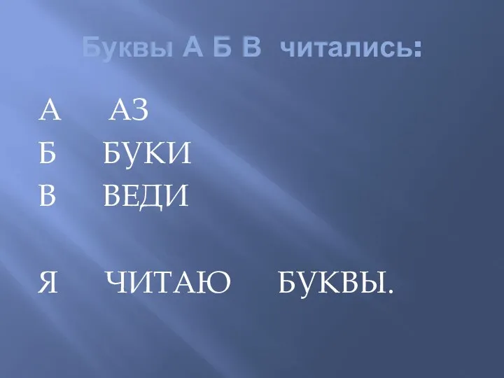 Буквы А Б В читались: А АЗ Б БУКИ В ВЕДИ Я ЧИТАЮ БУКВЫ.