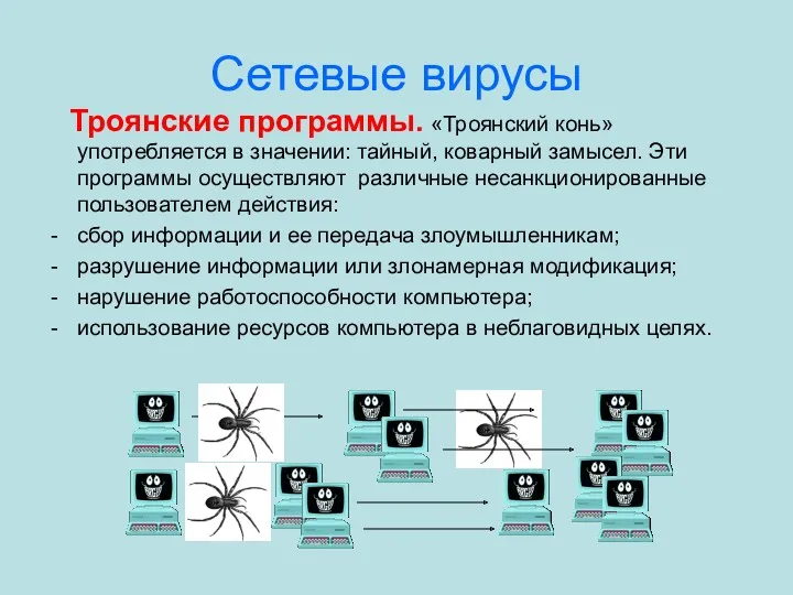 Сетевые вирусы Троянские программы. «Троянский конь» употребляется в значении: тайный, коварный замысел. Эти