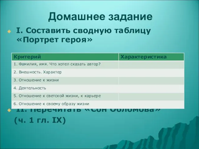 Домашнее задание I. Составить сводную таблицу «Портрет героя» II. Перечитать «Сон Обломова» (ч. 1 гл. IX)