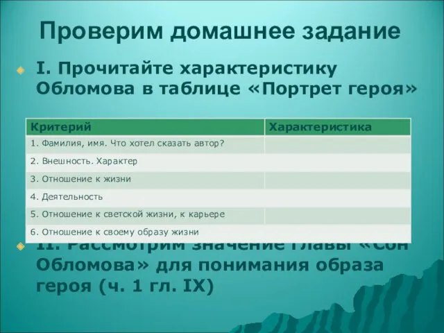 Проверим домашнее задание I. Прочитайте характеристику Обломова в таблице «Портрет героя» II. Рассмотрим