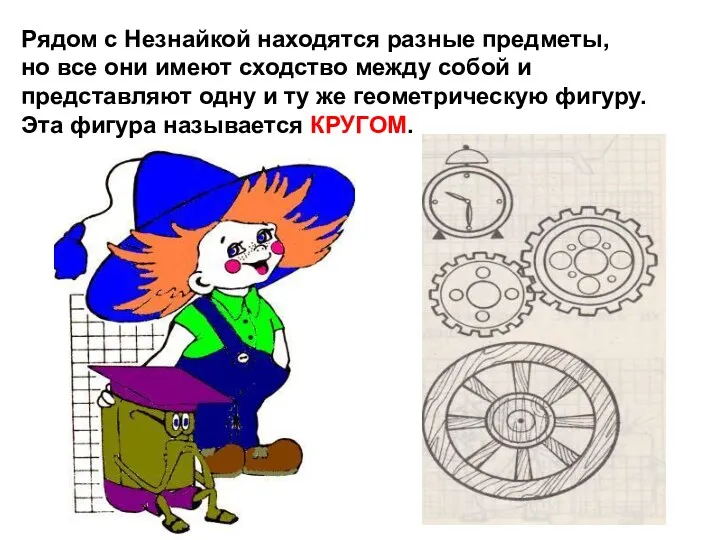 Рядом с Незнайкой находятся разные предметы, но все они имеют