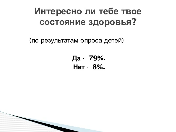 (по результатам опроса детей) Да - 79%. Нет - 8%. Интересно ли тебе твое состояние здоровья?