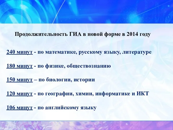 Продолжительность ГИА в новой форме в 2014 году 240 минут