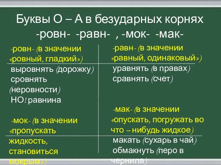 Буквы О – А в безударных корнях -ровн- -равн- ,