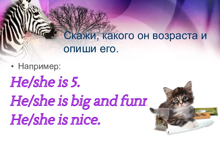 Скажи, какого он возраста и опиши его. Например: He/she is