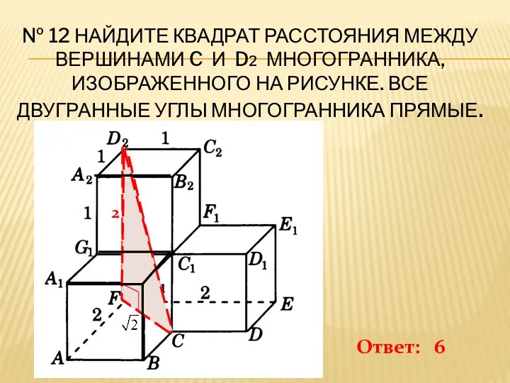 № 12 Найдите квадрат расстояния между вершинами C и D2