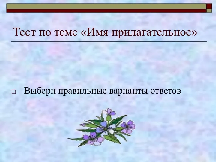 Тест по теме «Имя прилагательное» Выбери правильные варианты ответов