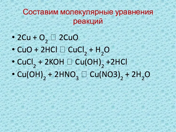 Составим молекулярные уравнения реакций 2Cu + O2  2CuO CuO + 2HCl 