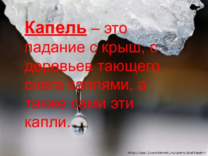 Капель – это падание с крыш, с деревьев тающего снега каплями, а также сами эти капли.