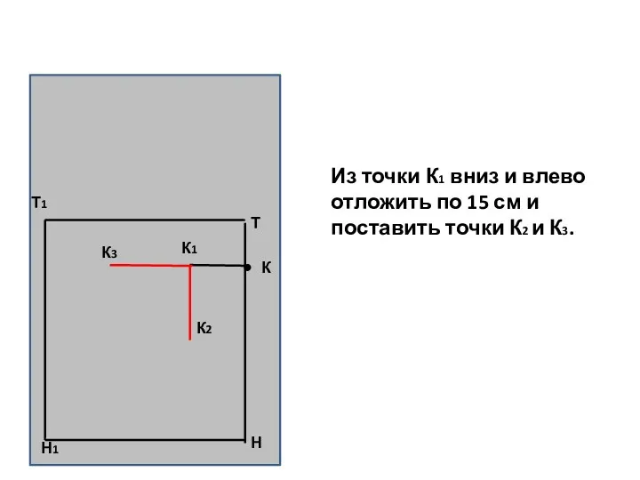 Из точки К1 вниз и влево отложить по 15 см и поставить точки К2 и К3.