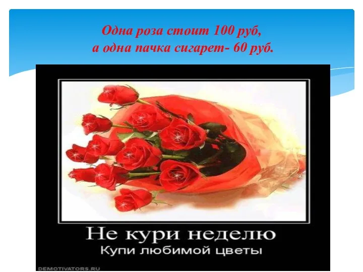 Одна роза стоит 100 руб, а одна пачка сигарет- 60 руб.
