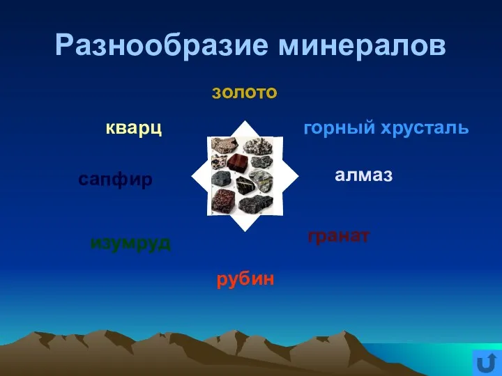 Разнообразие минералов золото горный хрусталь алмаз гранат рубин изумруд сапфир кварц