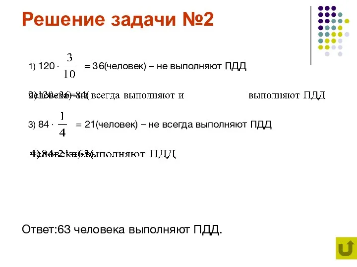 Решение задачи №2 Ответ:63 человека выполняют ПДД. 1) 120 ∙ = 36(человек) –