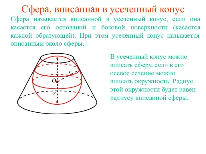 Сфера, вписанная в усеченный конус Сфера называется вписанной в усеченный конус, если она