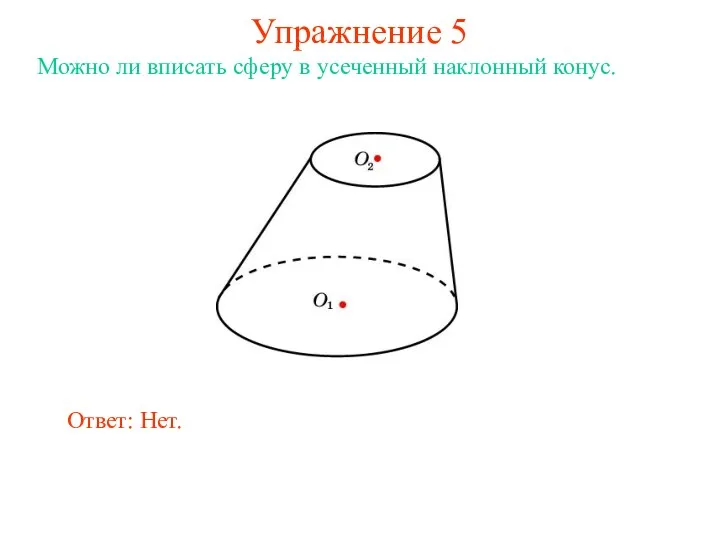 Упражнение 5 Можно ли вписать сферу в усеченный наклонный конус. Ответ: Нет.