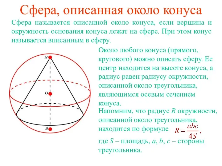 Сфера, описанная около конуса Сфера называется описанной около конуса, если вершина и окружность