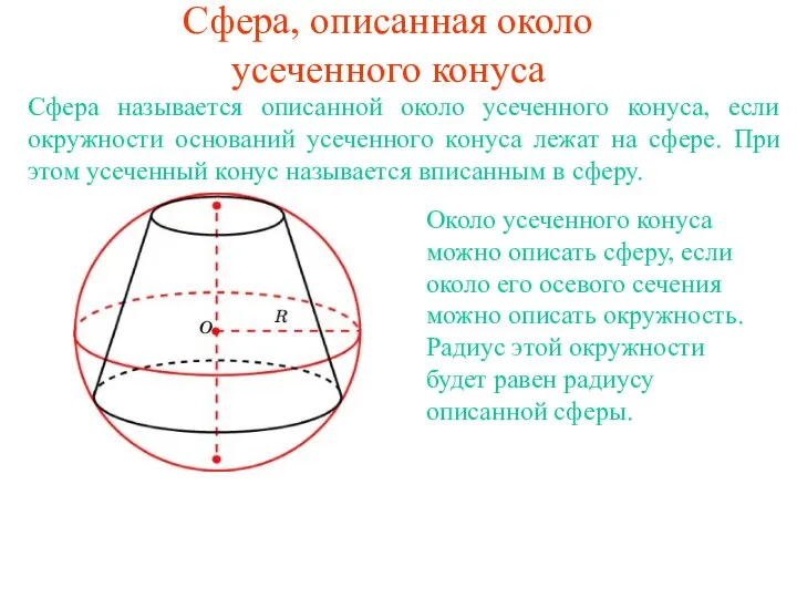 Сфера, описанная около усеченного конуса Сфера называется описанной около усеченного конуса, если окружности