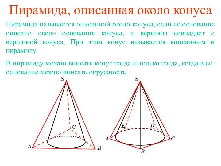 Пирамида, описанная около конуса Пирамида называется описанной около конуса, если ее основание описано