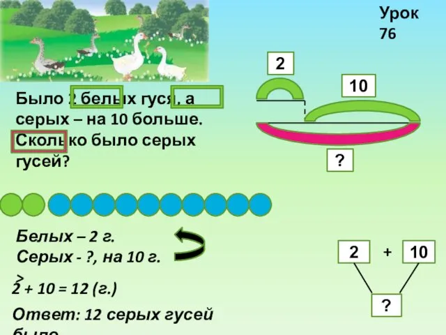 Было 2 белых гуся, а серых – на 10 больше.