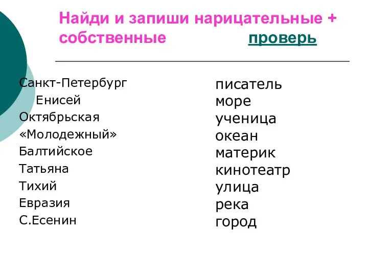 Найди и запиши нарицательные + собственные проверь Санкт-Петербург Енисей Октябрьская