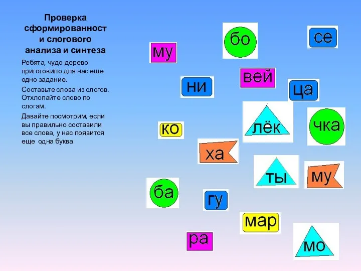 Проверка сформированности слогового анализа и синтеза Ребята, чудо-дерево приготовило для